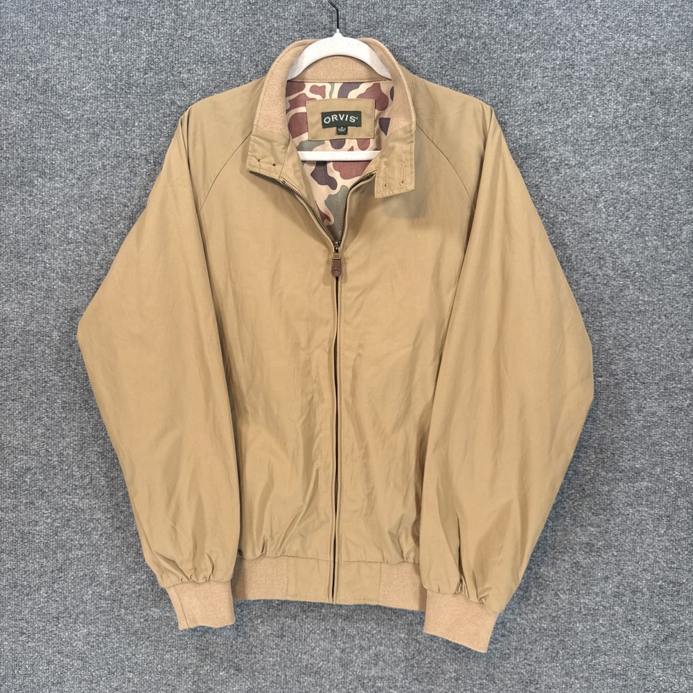 Orvis Harrington Jacket Mens Medium Tan Camo Lined Full Zip Bomber Windbreaker